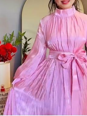 NWT STYLEWE Shimmery Pink Pleated Long-Sleeve Dress with Waist Tie